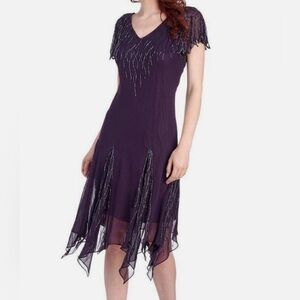 J Kara Deep Purple Asymmetrical Beaded Dress